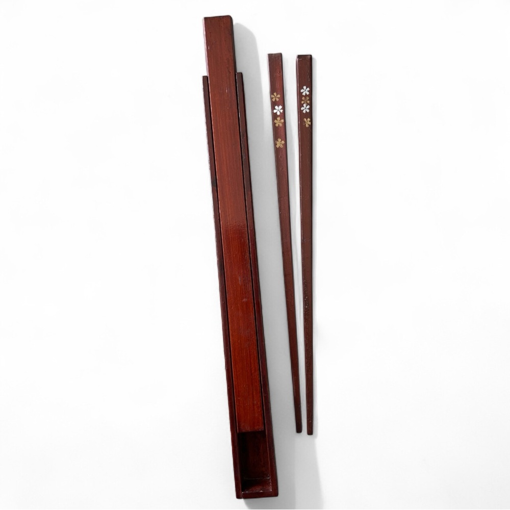 Vintage Japanese Wooden Chopsticks with matching case Floral decoration
